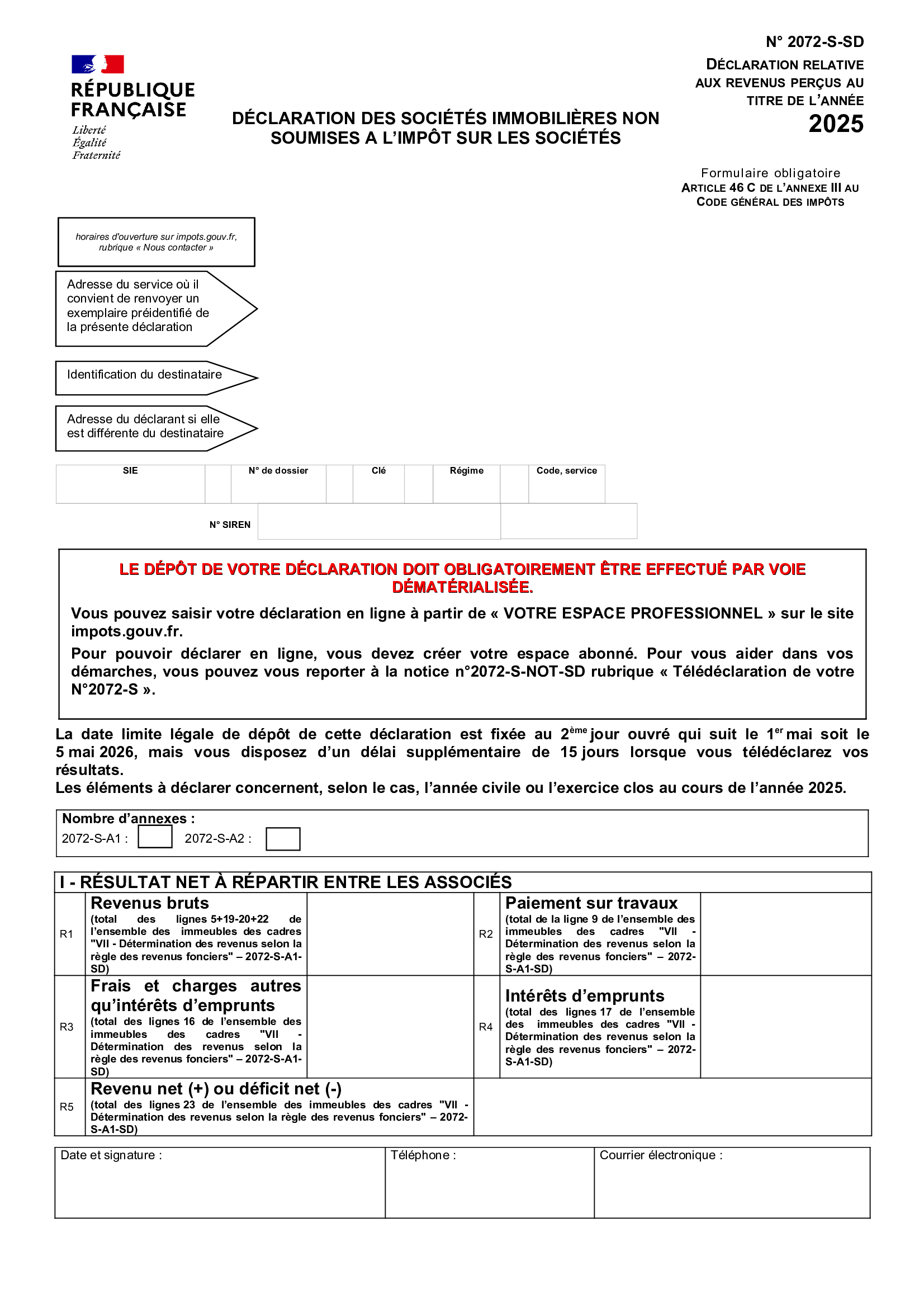 Formulaire 2072-S page 1 — Cadre I : résultat net à répartir entre les associés