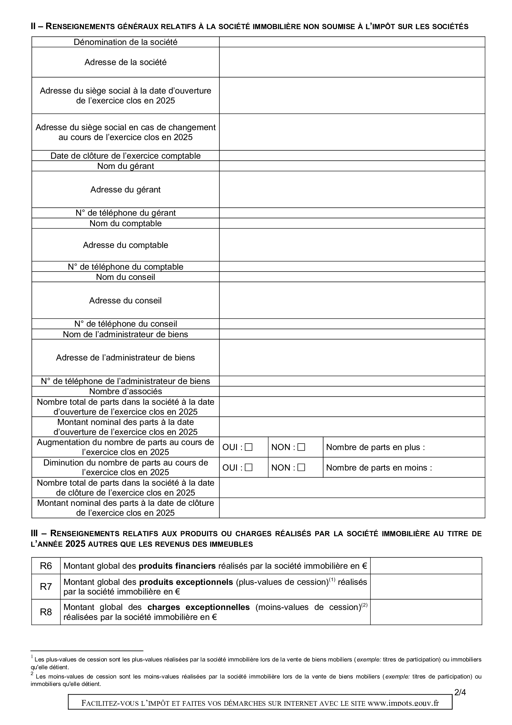 Formulaire 2072-S page 2 — Cadres II et III